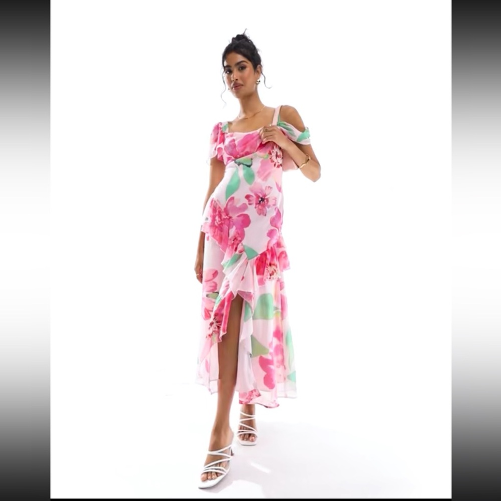 ASOS DESIGN flutter sleeve midi dress with front frill slit in print floral